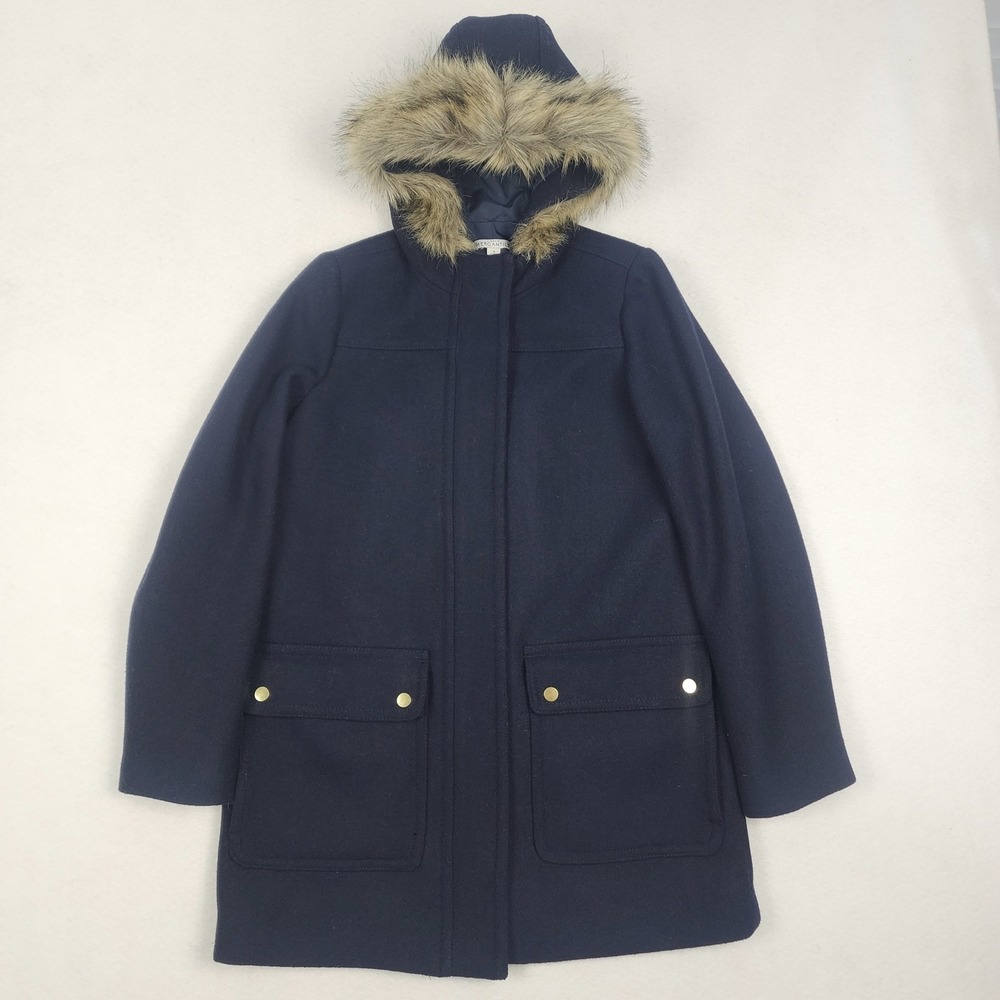J Crew Mercantile Parka Jacket Women 4 Blue Wool Faux Fur Hooded Full Zip MINTY
